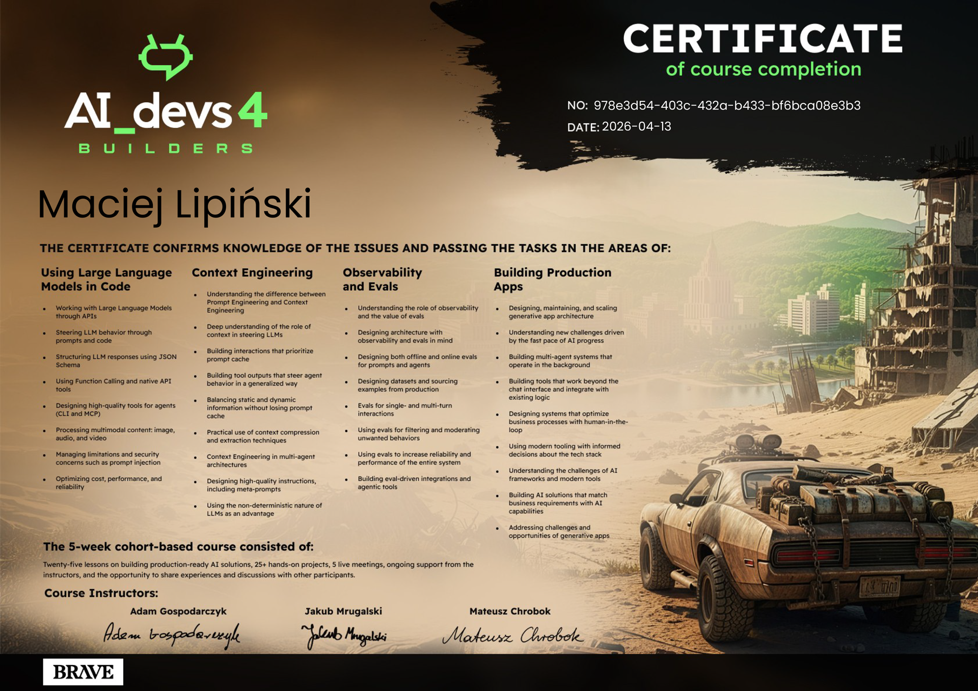 Certyfikat kursu AI_devs 4 Builders - Maciej Lipiński