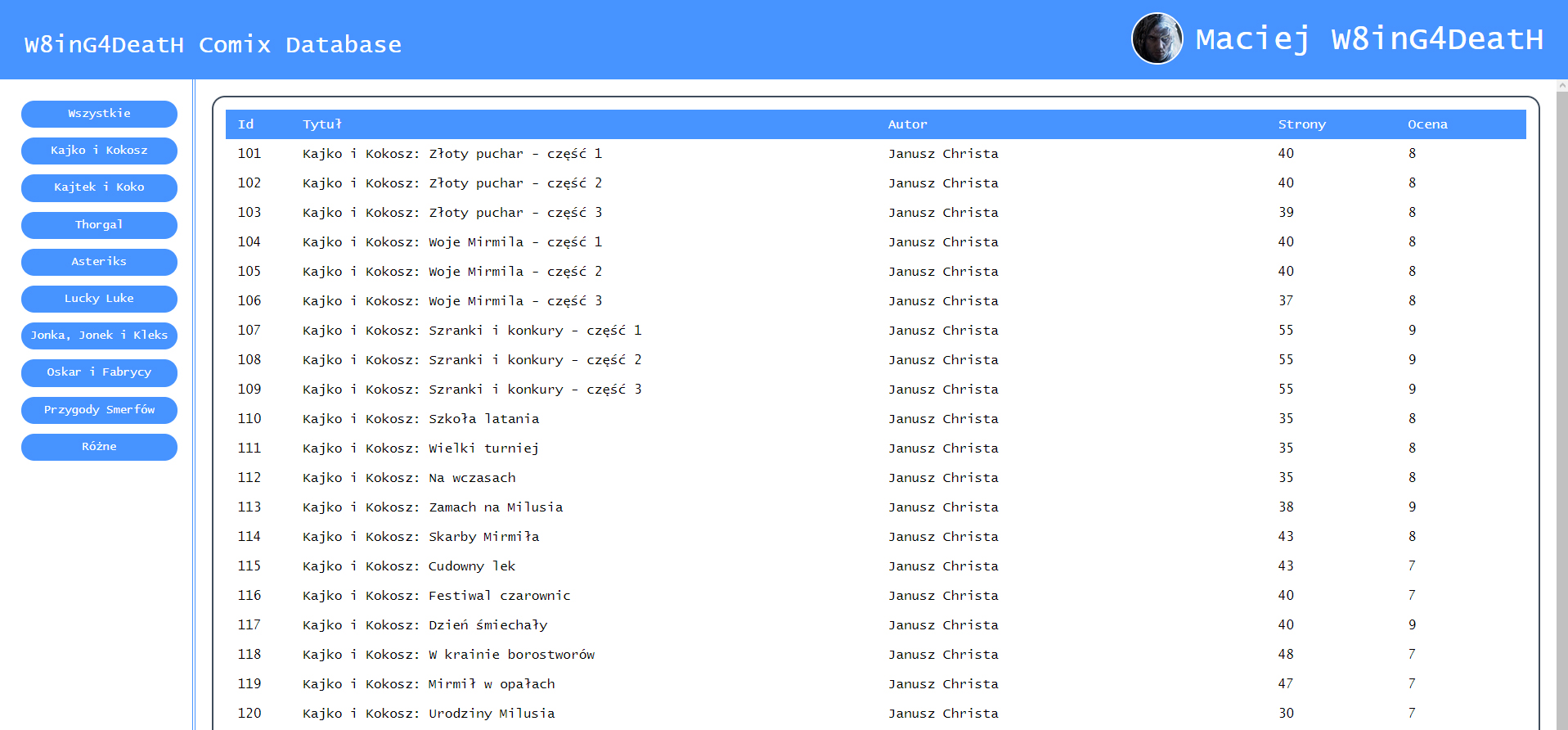 Comix Database screen 1