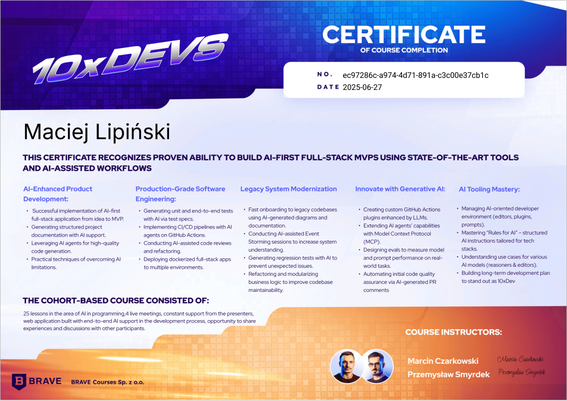 Certyfikat kursu 10xDevs - Maciej Lipiński